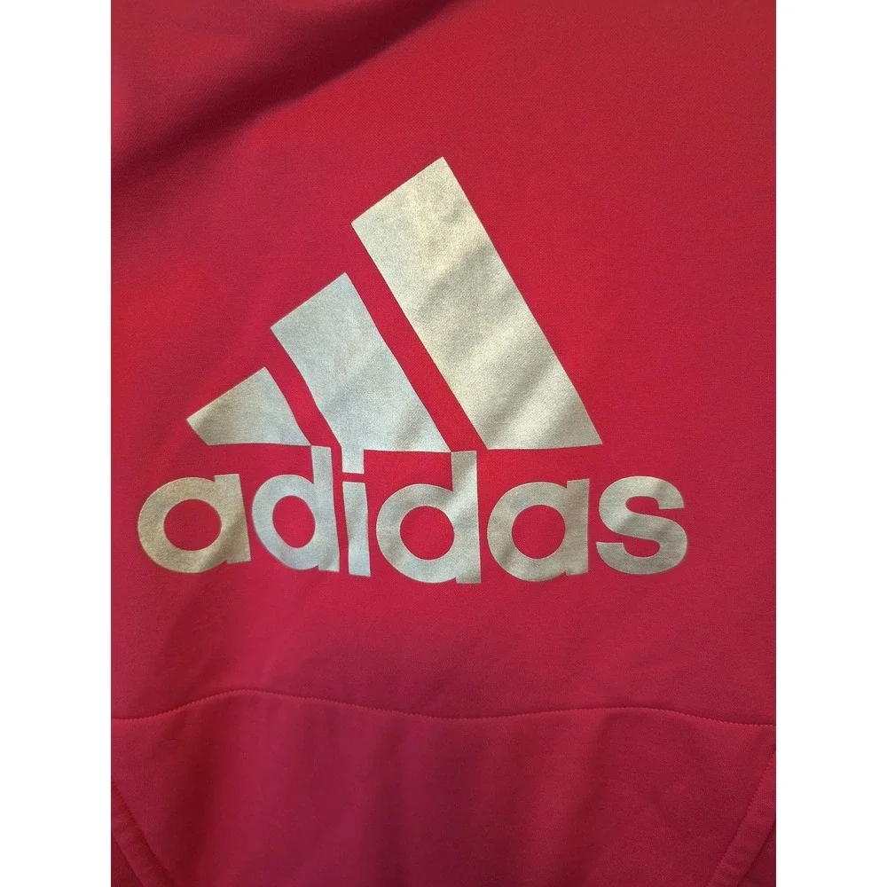 Adidas Girls Pink Silver Metallic Logo Fleece Pullover Hoodie Size Large 14